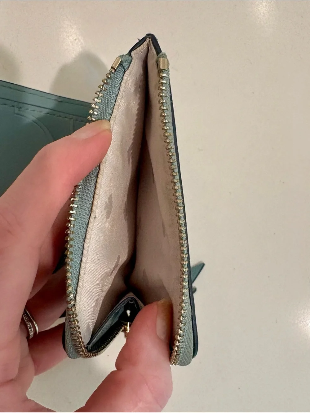 Kate Spade Margaux Small Bifold Wallet Light Blue Cross grain Leather Zip Coin